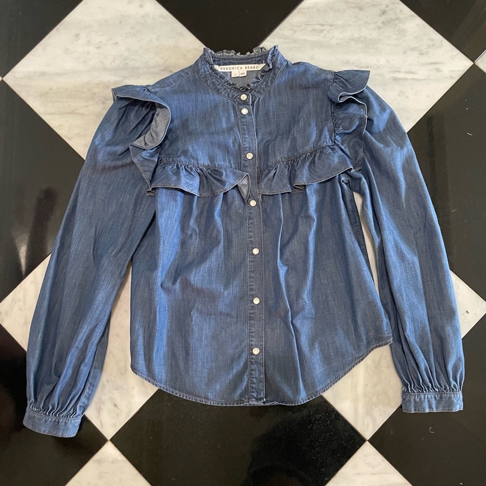 Veronica Beard Tres Ruffled Denim Button Down